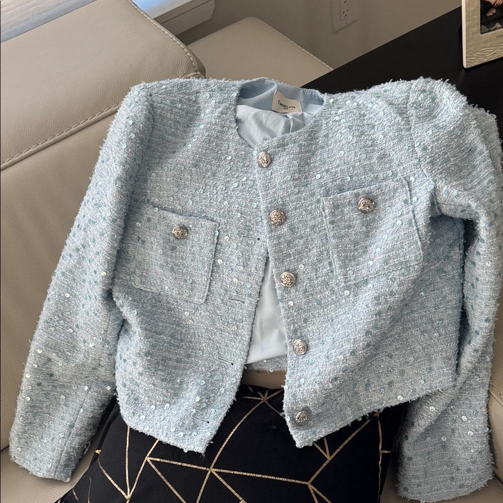 Choklate Paris Blue Tweed Sparkle Jacket with Metallic Buttons